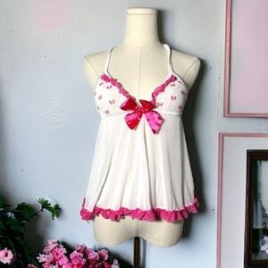 Coquette mesh Lolita bow pink and white  babydoll top OS